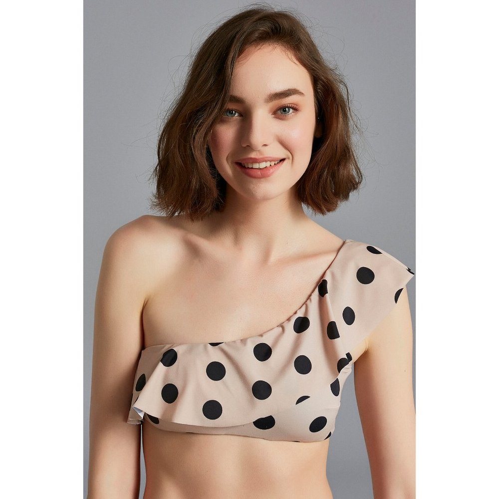 BEIGE POLKA ONE SHOULDER BIKINI TOP